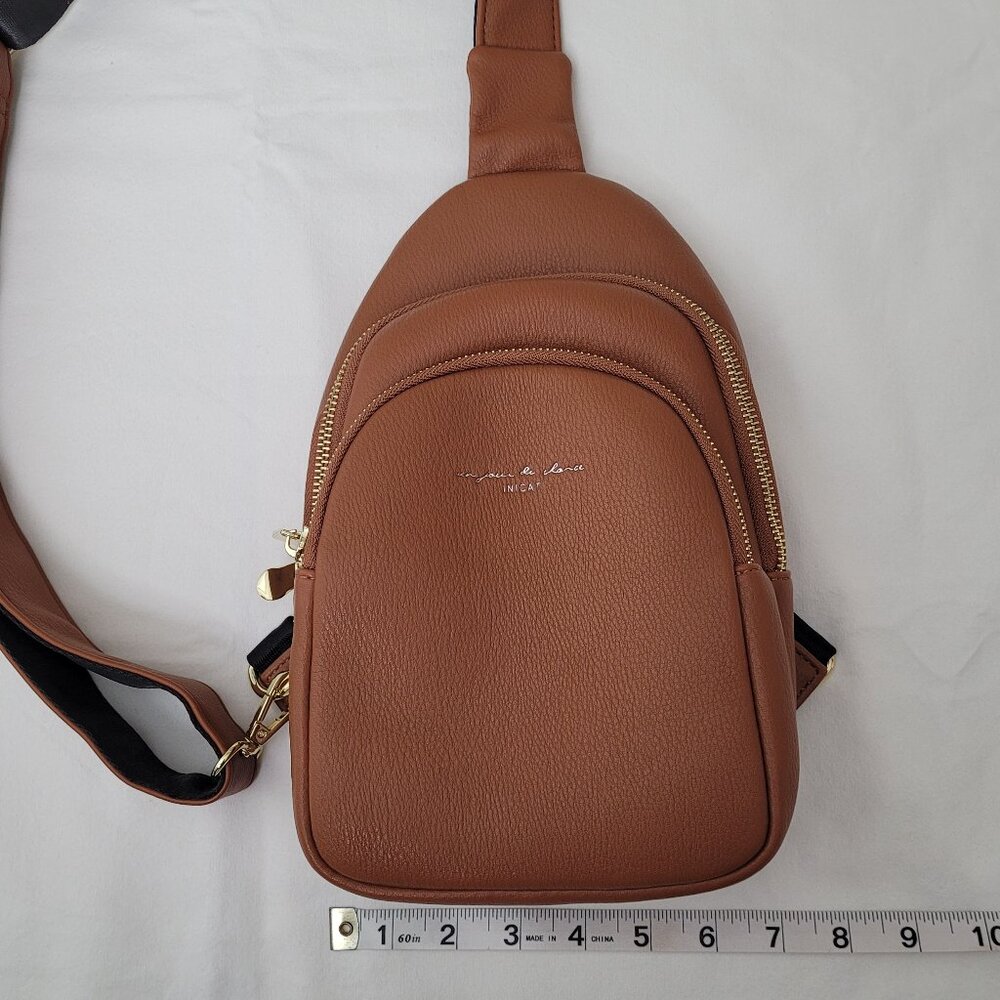 INICAT Small Crossbody Sling Bag Cognac Brown Vegan Leather Quiet Luxury NWOT - Picture 11 of 13